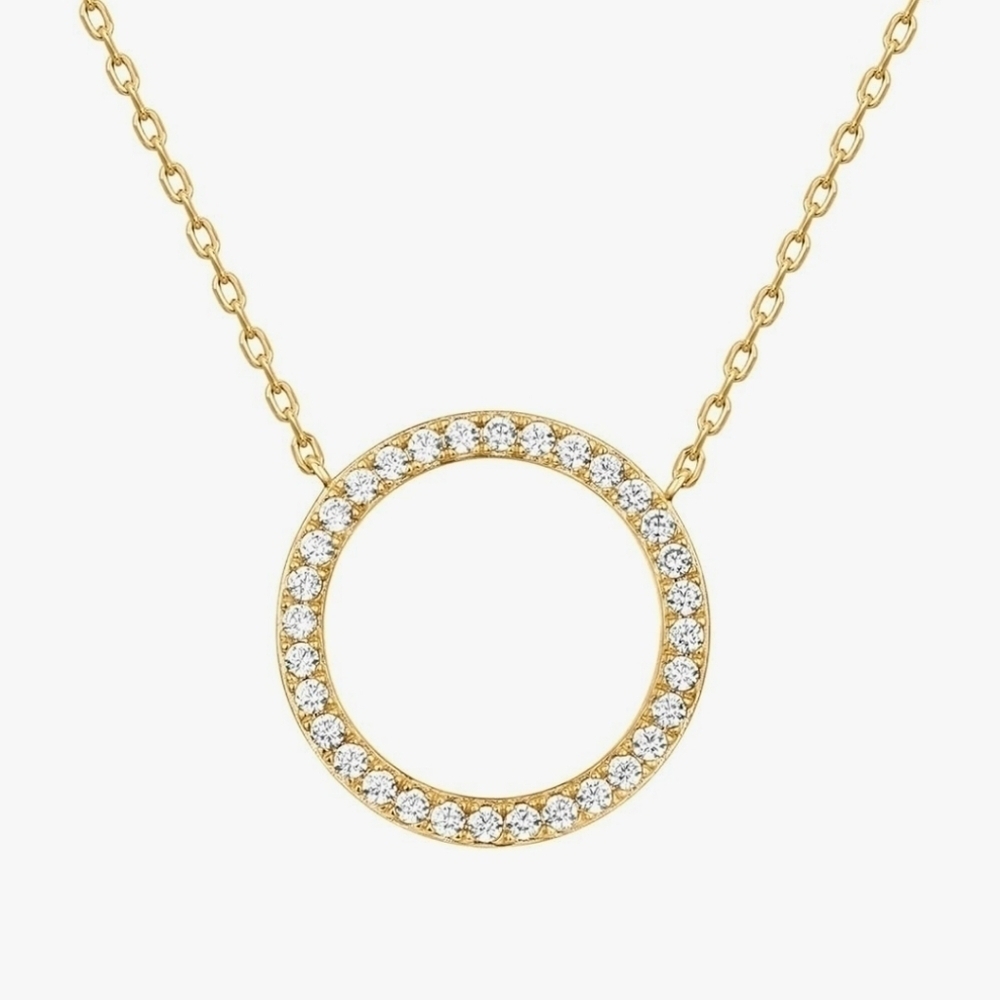 14K Yellow Gold Womens Halo Necklace Pendant Circle Dainty Solitaire Minimalist - Picture 2 of 2